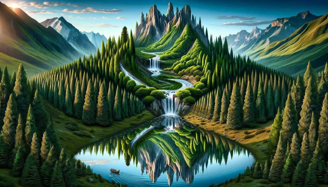 Un'illusione ottica creativa di un paesaggio in una composizione orizzontale. L'immagine dovrebbe includere elementi naturali come alberi, montagne