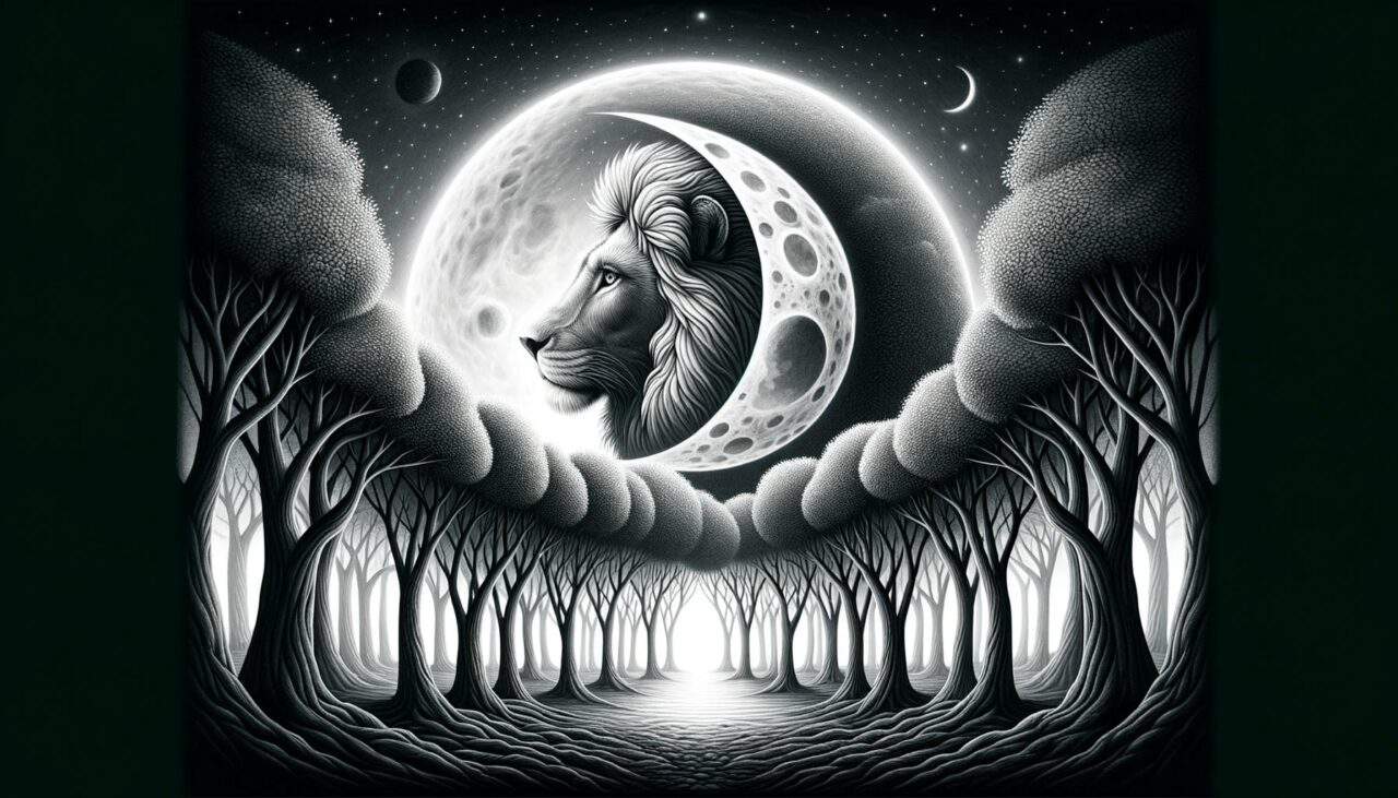 illusione ottica creativa che rappresenta un leone, una luna e degli alberi in una composizione orizzontale