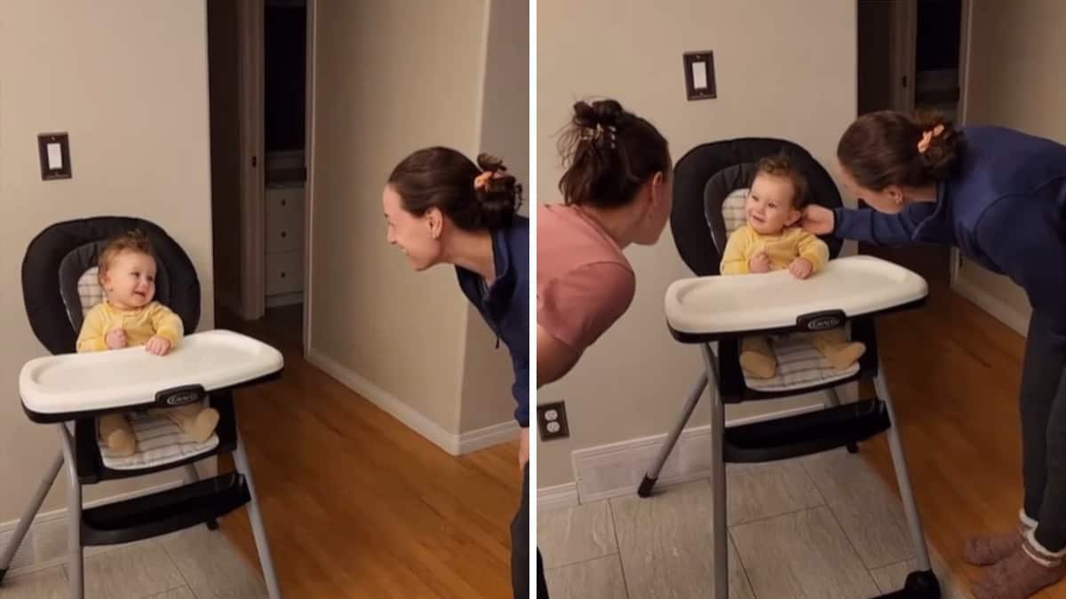 La gioiosa confusione di un neonato di fronte a due mamme identiche