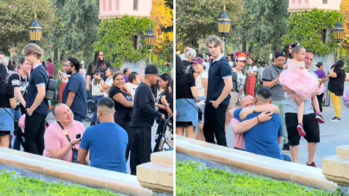 Doppia proposta di matrimonio davanti al castello a Disneyland